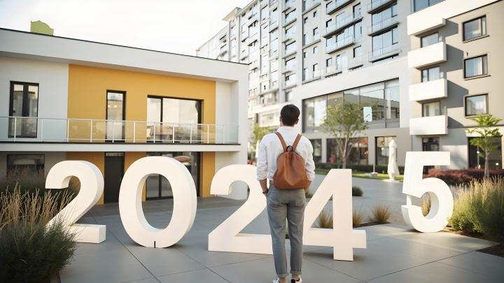 Un joven mira al frente, de espaldas a la cámara ante una moderna edificación. En el suelo unos grandes números indican el paso del año 2024 al 2025.
