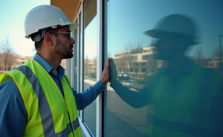 Fotografía de un trabajador manual, un albañil o un contratista trabajando en una comunidad, frente a su imagen reflejada en un cristal del edificio.