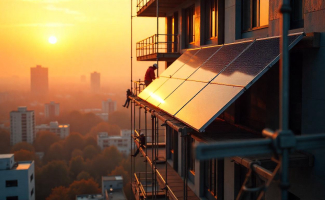 Un operario instala una fachada de placas solares fotovoltáicas en una construcción que sigue criterios de sostenibilidad